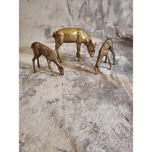 Lot 3 Cast Iron Gold Brass? Deer Doe Reindeer Stag Figurines Statues Grazing